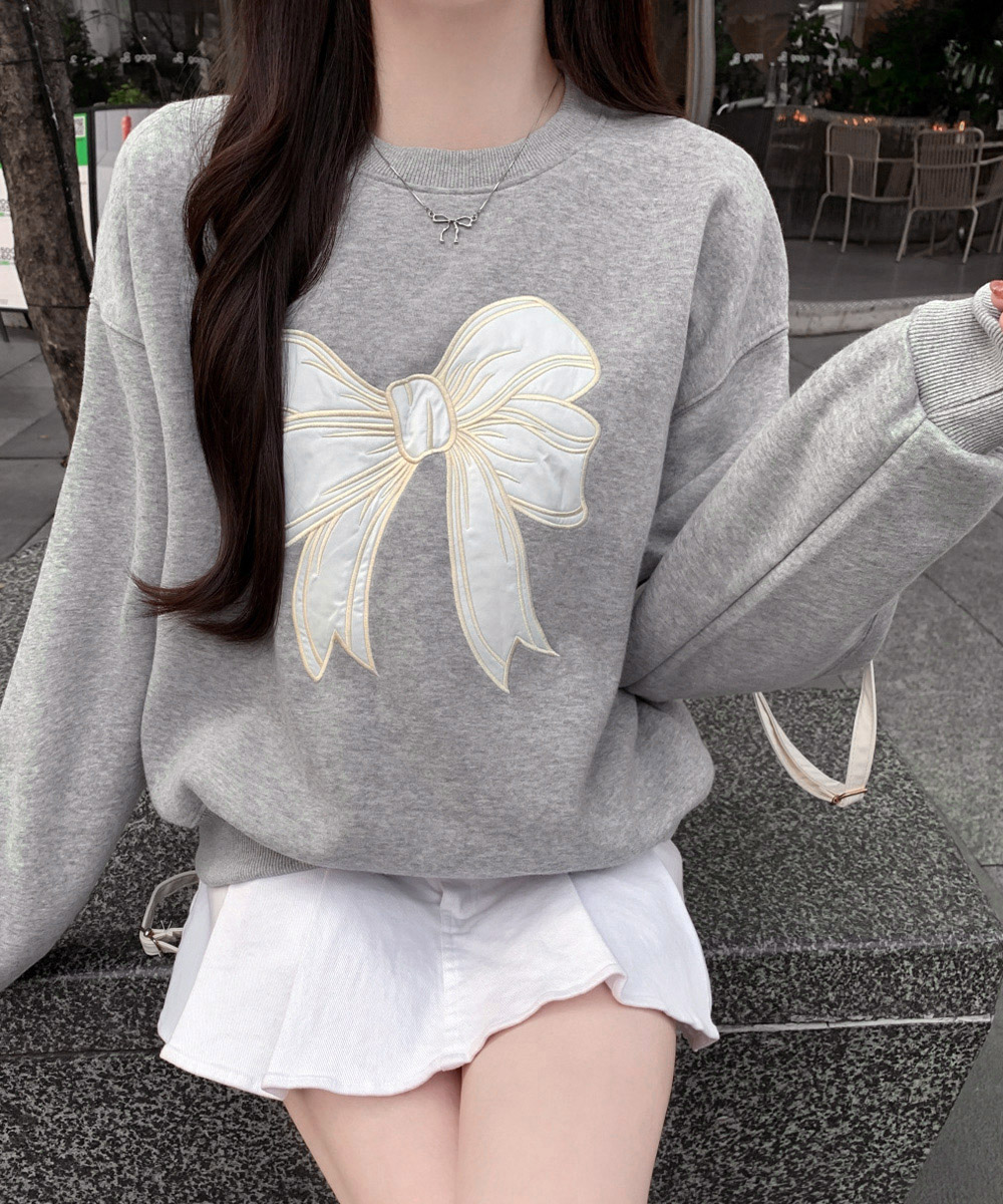 グレーファッション リボン刺繍裏起毛スウェット長袖トップス