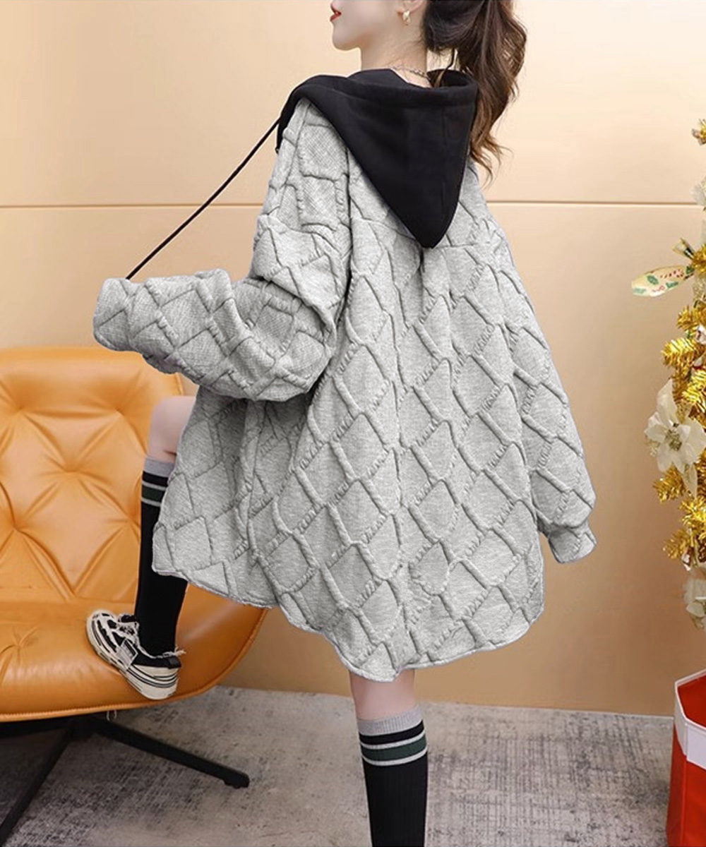グレーファッション キルティング中綿パーカー長袖フード付きレディース
