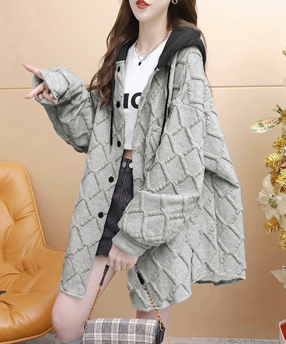 グレーファッション キルティング中綿パーカー長袖フード付きレディース