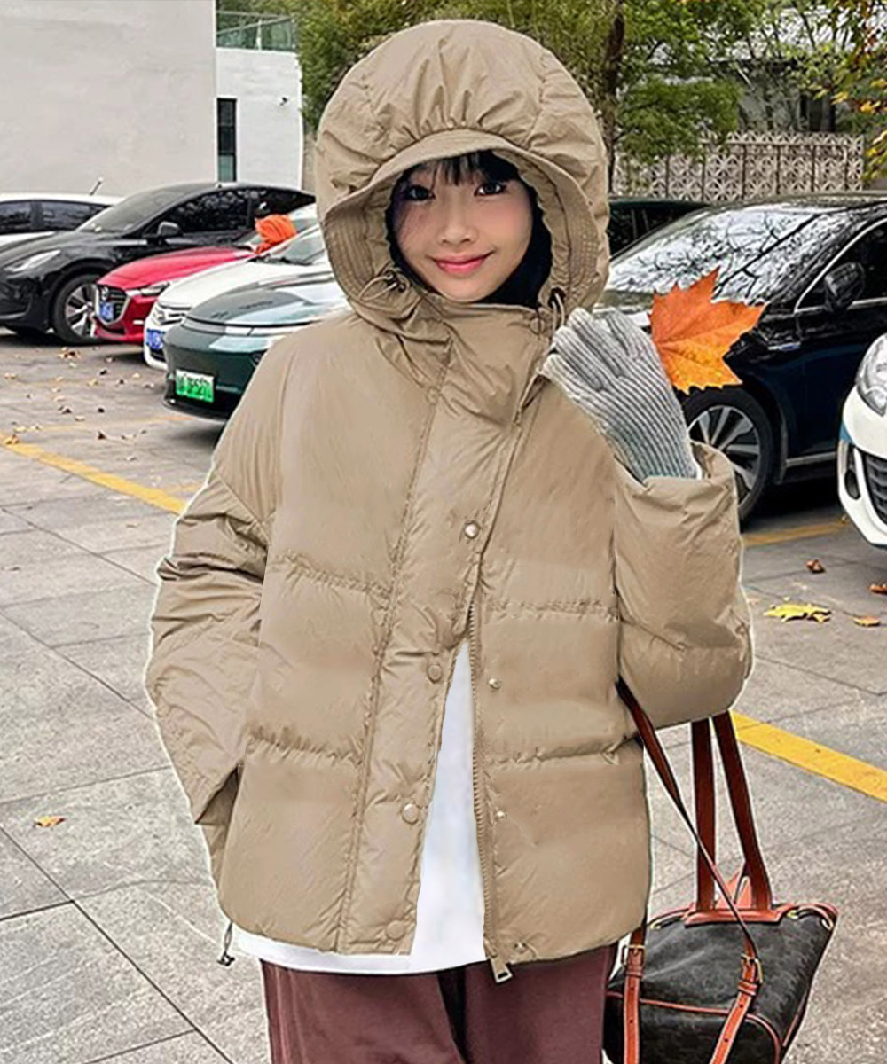 グレーファッション フード付き中綿ジャケット ショート丈防寒アウター