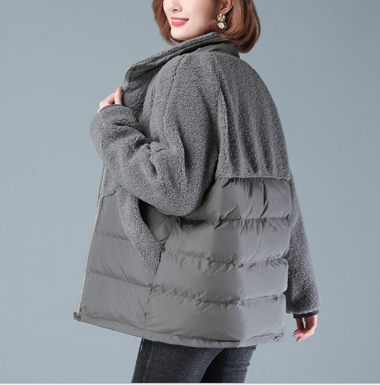 グレーファッション 中綿ボア切り替えジャケット裏キルティング