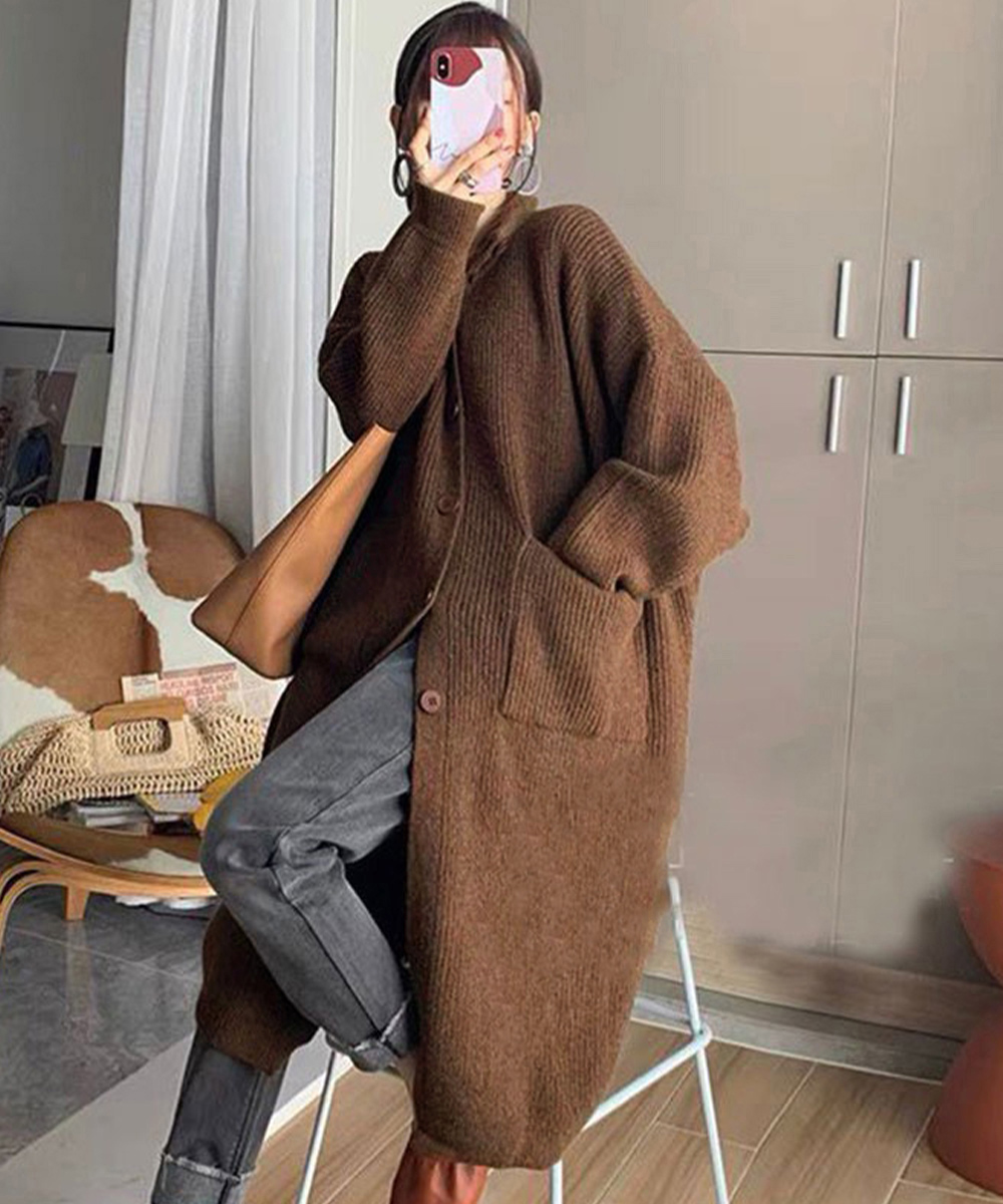 グレーファッション 厚手ロングニットカーディガン レディース