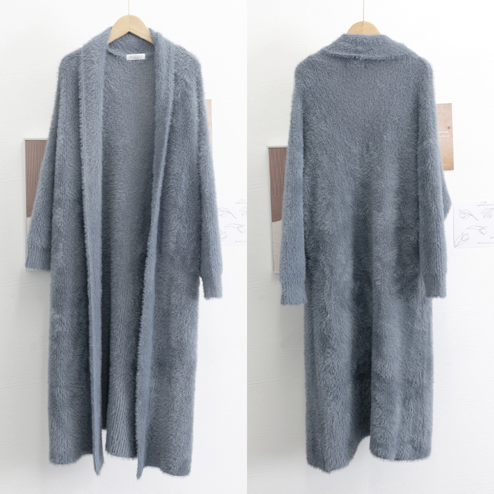 グレーファッション ふわふわシャギーロングニットカーディガン