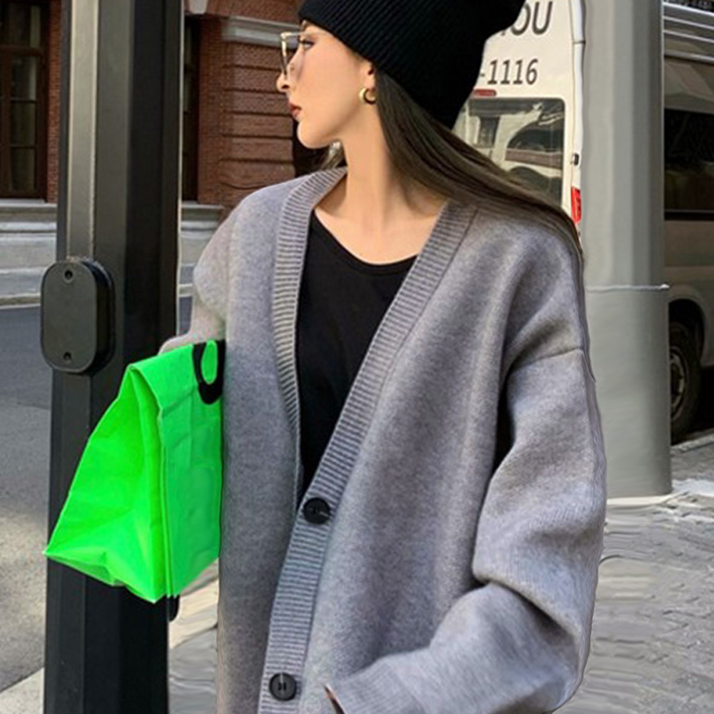 グレーファッション ゆったり編み ニットカーディガン 中厚手 グレー系