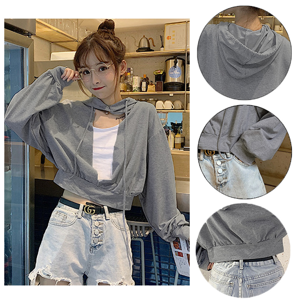 グレーファッション 胸元開き フード付きパーカー 薄手