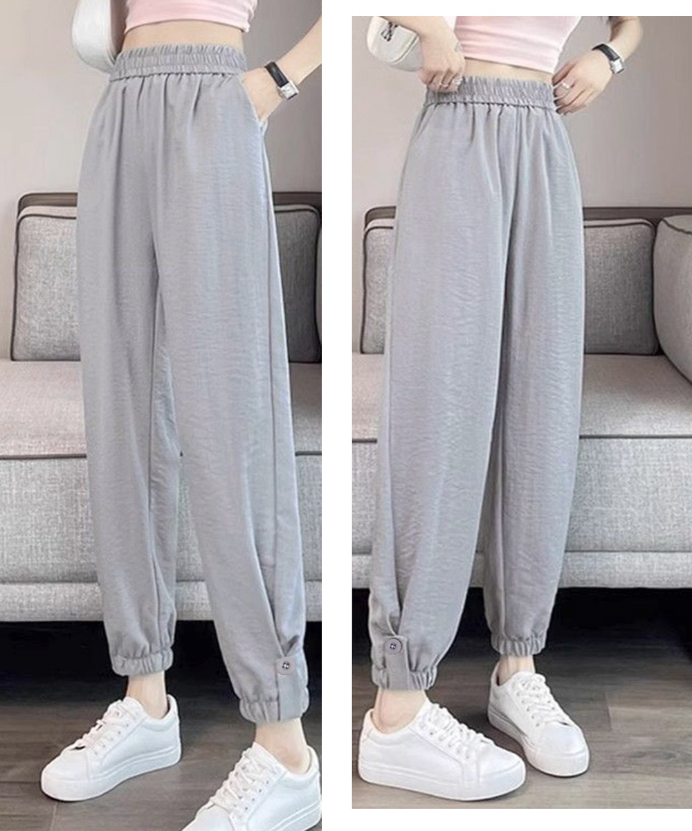 グレーファッション 裾ボタンジョガーパンツ ウエストゴム 春夏ズボン