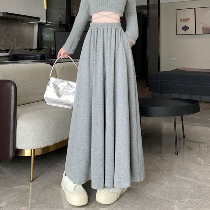 グレーファッション ボリューム感たっぷりギャザーフレアロングパンツ