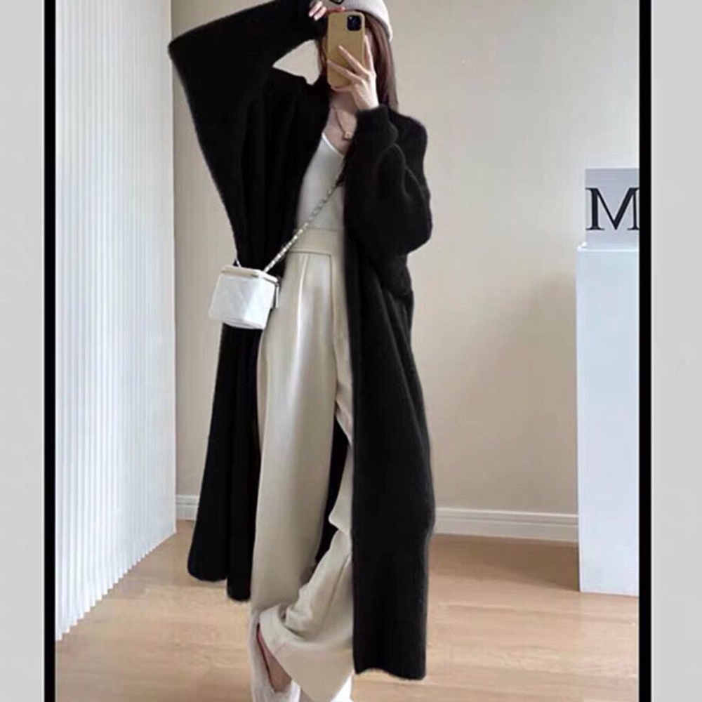 グレーファッション ふわふわシャギーロングニットカーディガン