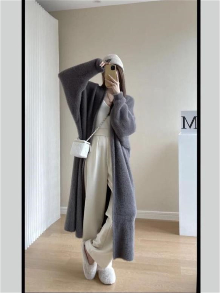 グレーファッション 秋冬レトロゆったりニットカーディガン