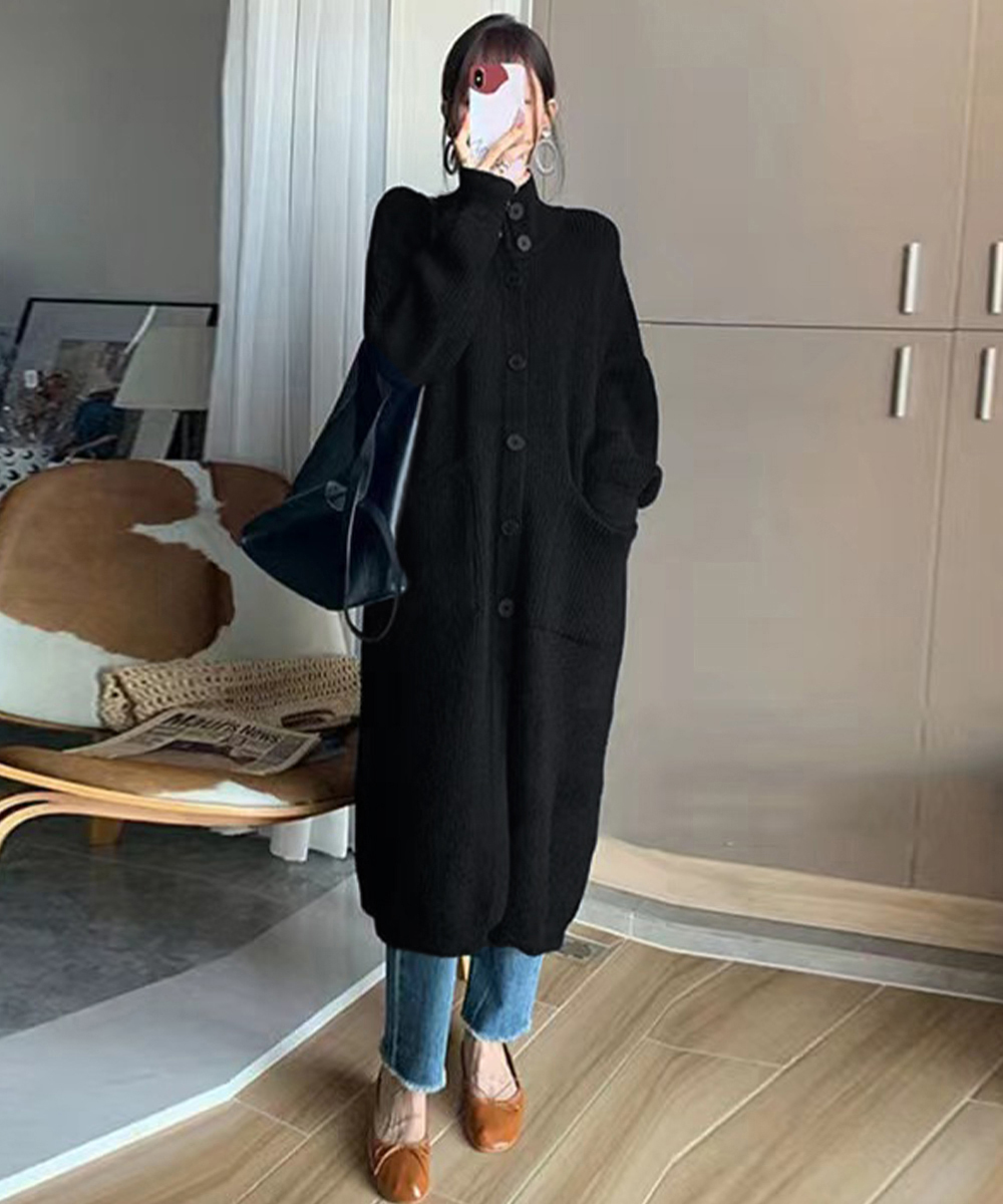 グレーファッション 厚手ロングニットカーディガン レディース