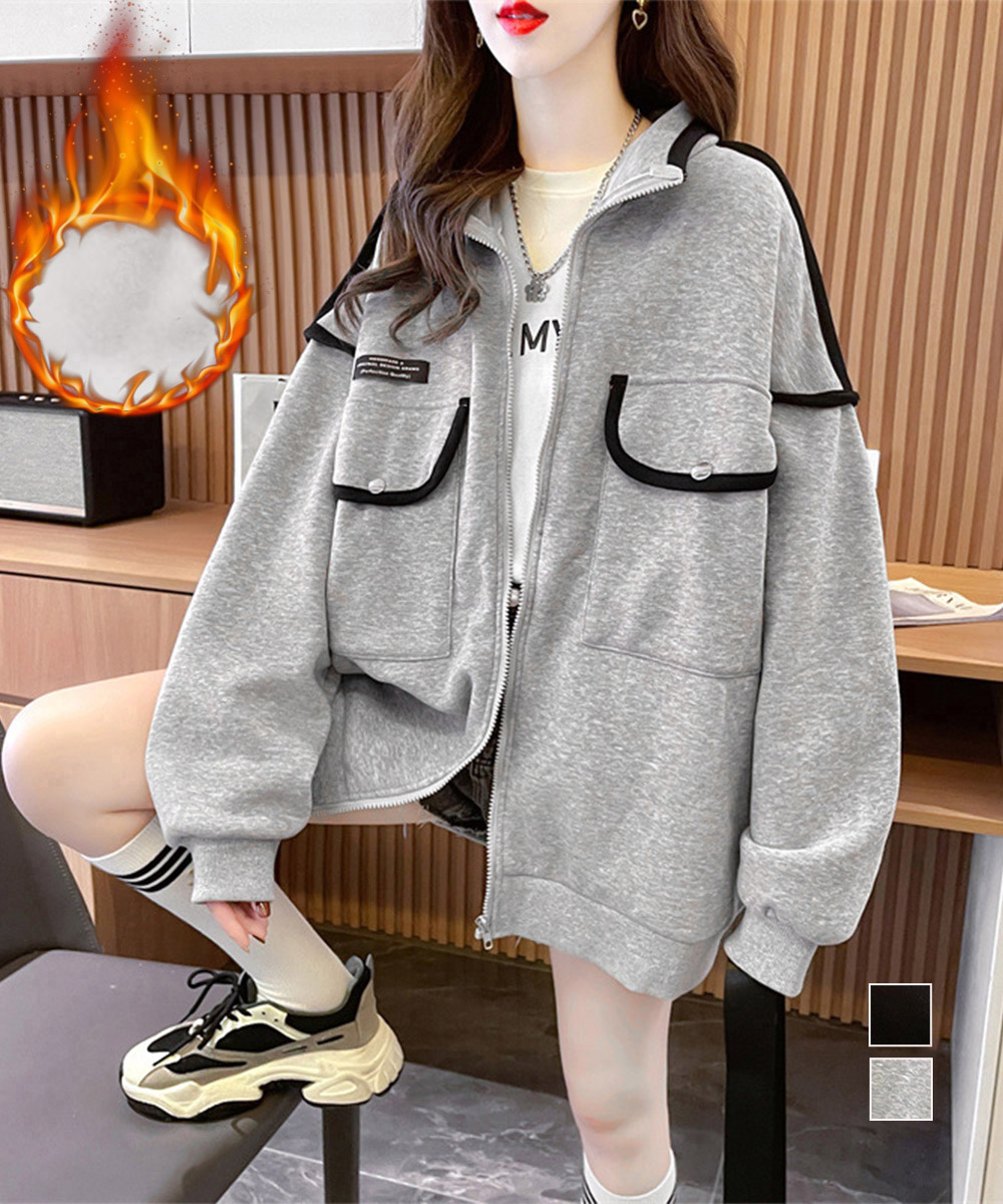 グレーファッション 裏起毛ジップパーカー ゆったりシルエット