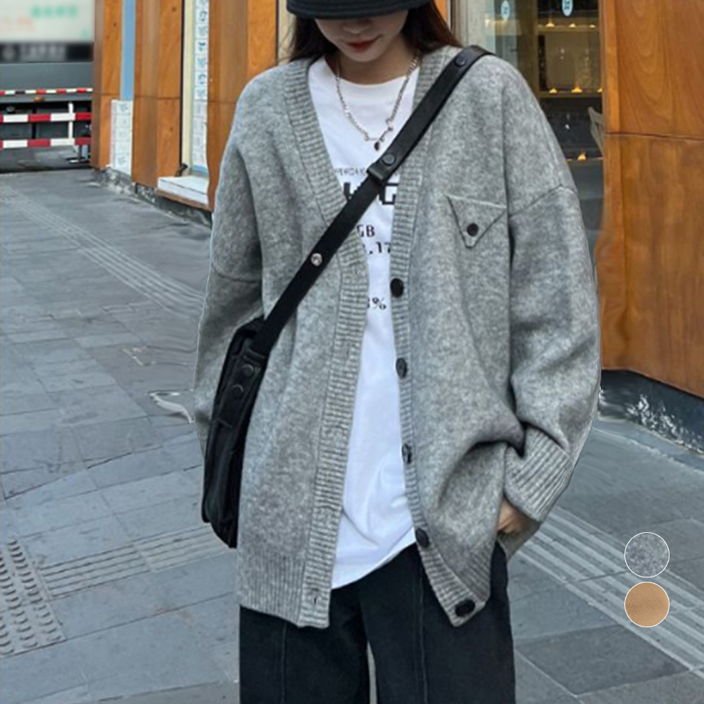 グレーファッション ゆったりニットカーディガン 春秋冬対応 前開きボタン