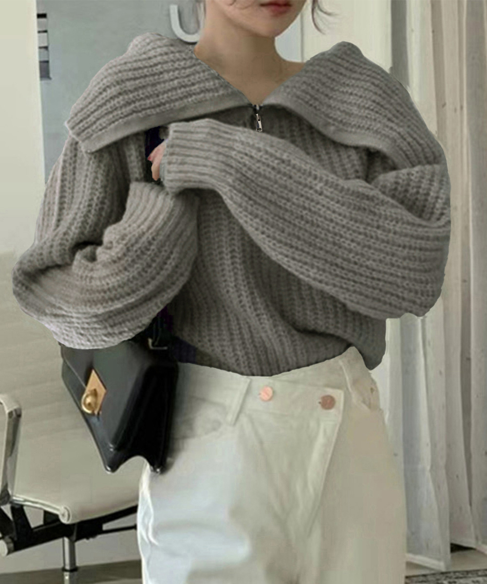 グレーファッション 大襟ハーフジップニットセーター ゆったりシルエット