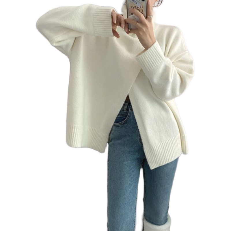 グレーファッション 交差デザイン ハイネック スリット ニットセーター