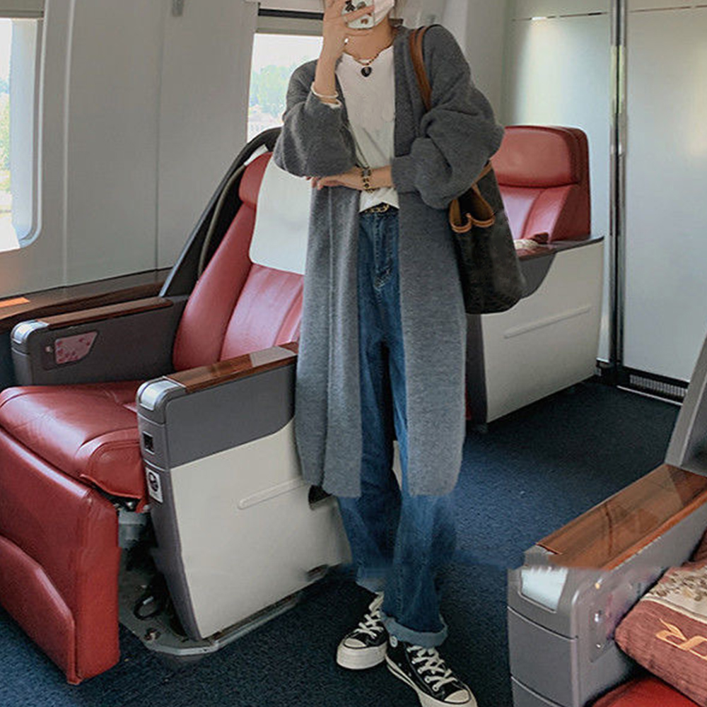 グレーファッション 韓国風ロング丈ニットカーディガン レディース秋羽織り