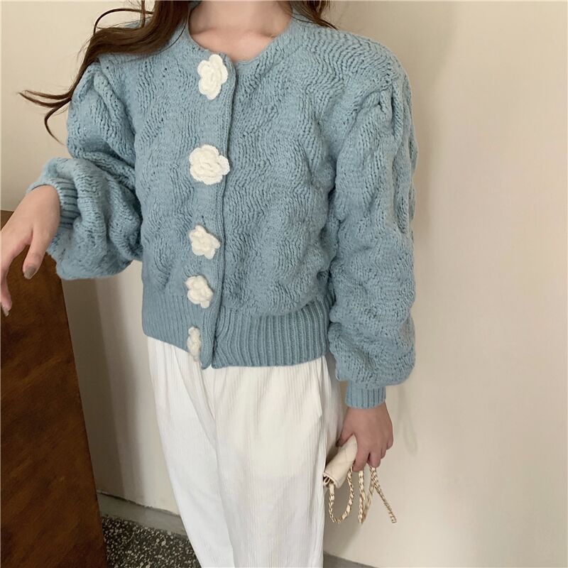 グレーファッション 立体花モチーフ丸襟ケーブル編みカーディガン