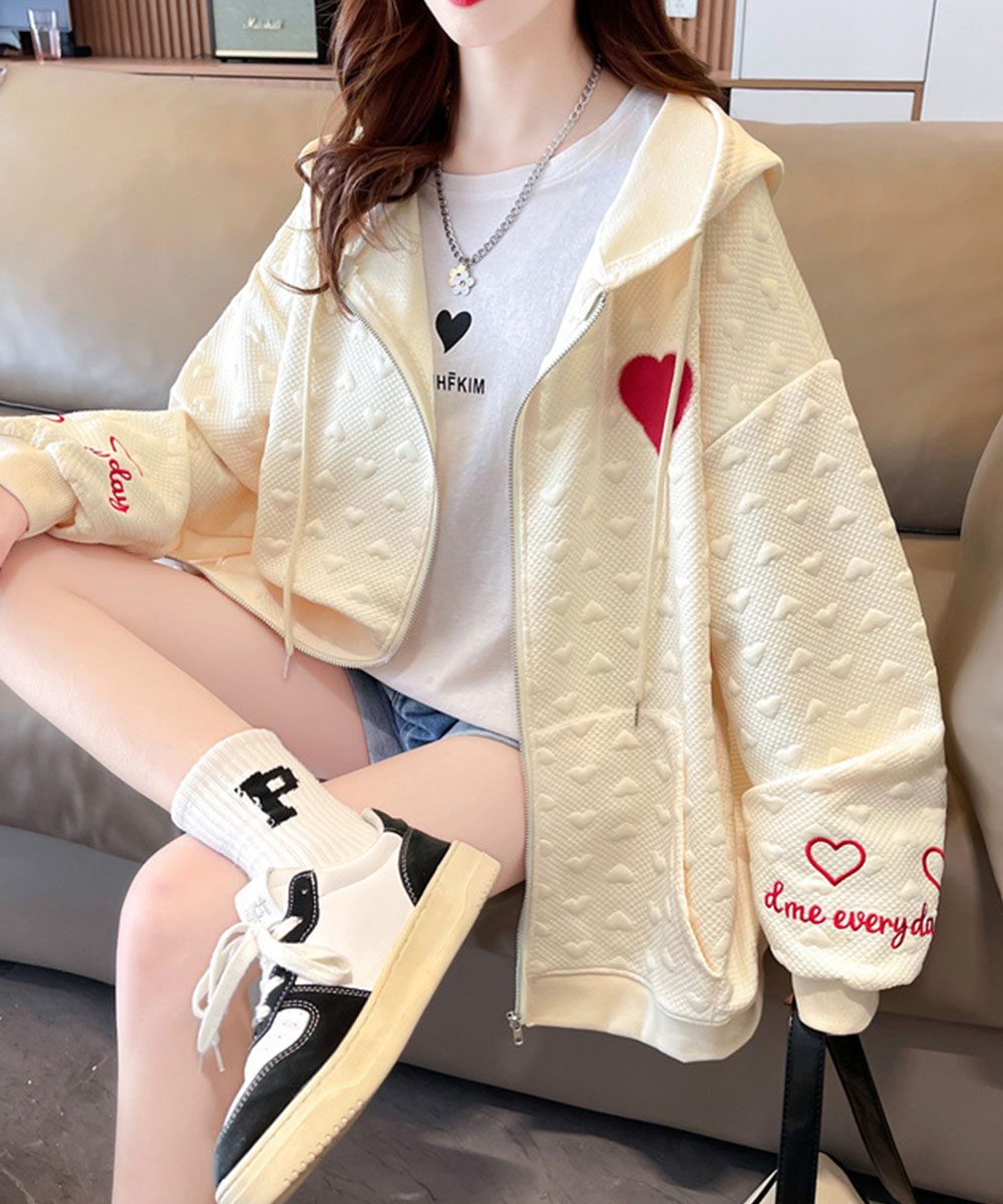 グレーファッション 立体感加工ジップパーカー レディース春秋用