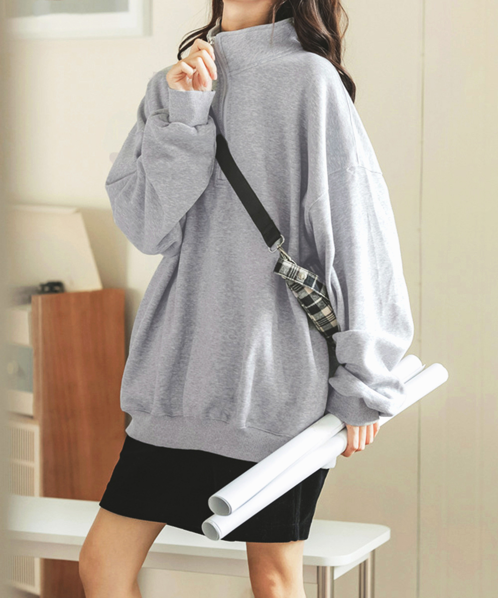 グレーファッション ハーフジップスウェット ゆったり長袖トレーナー