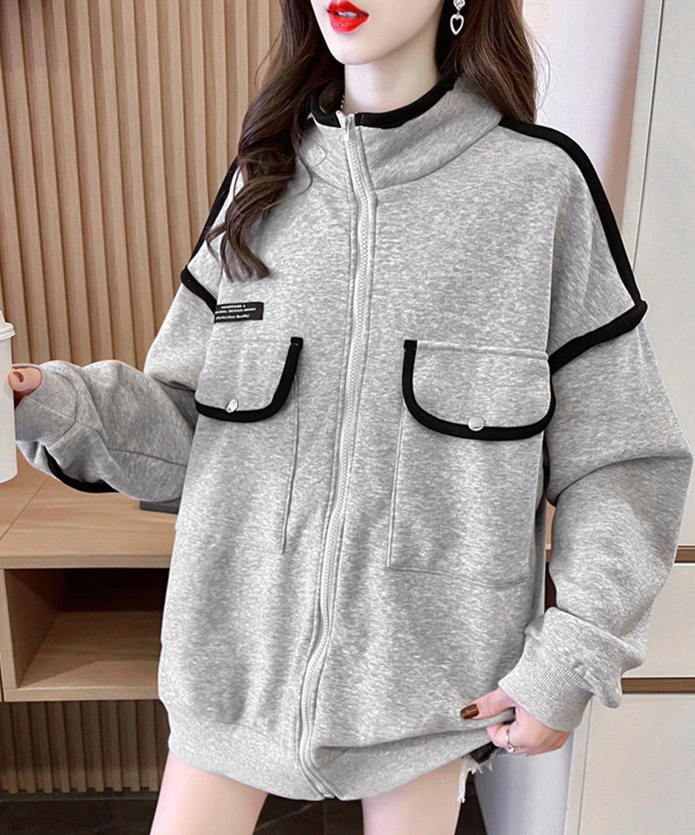 グレーファッション 裏起毛ジップパーカー ゆったりシルエット