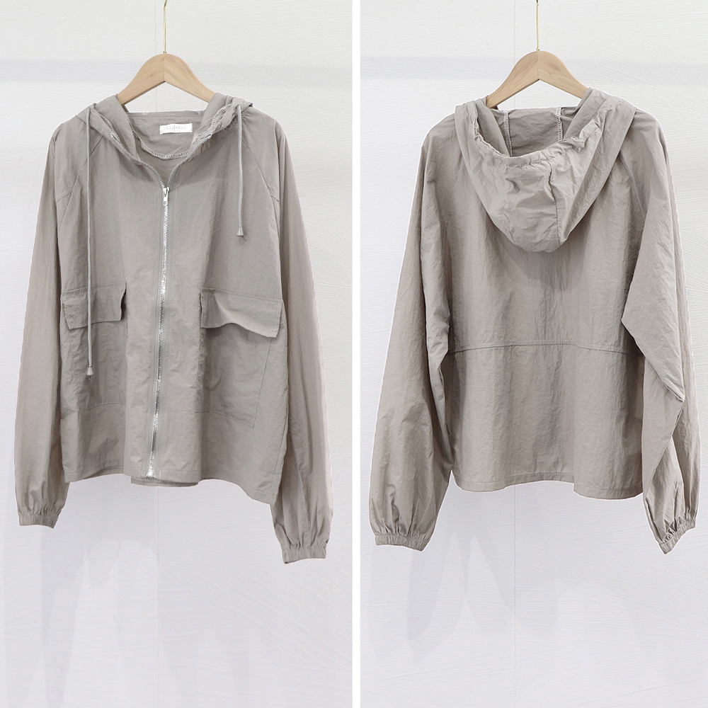 グレーファッション 薄手ジップパーカー レディース フード付き軽量ブルゾン