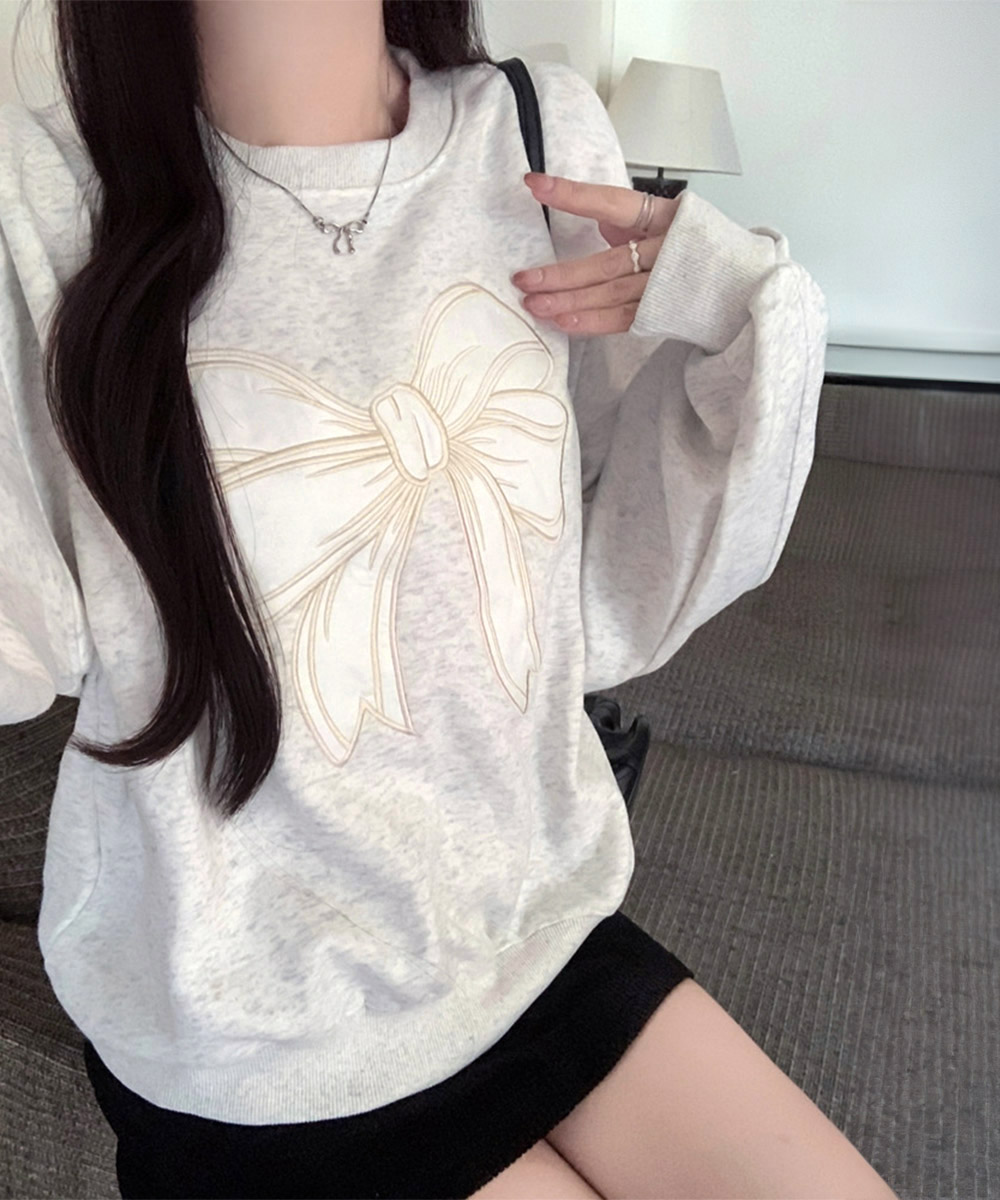 グレーファッション リボン刺繍裏起毛スウェット長袖トップス