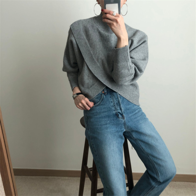グレーファッション 交差デザイン長袖ニットセーター