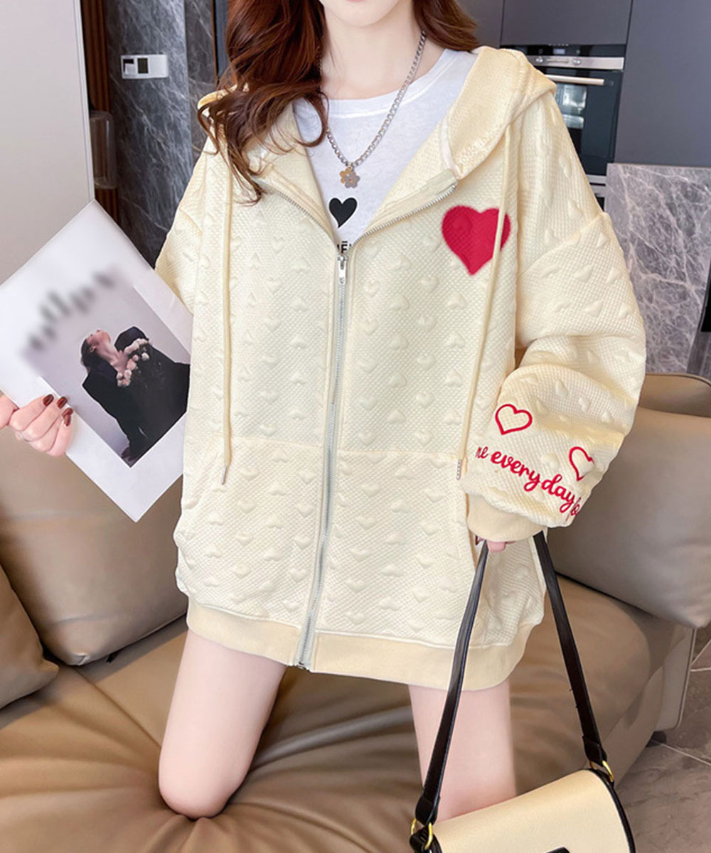 グレーファッション 立体感加工ジップパーカー レディース春秋用