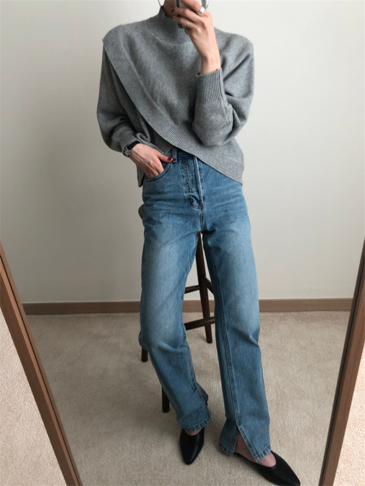 グレーファッション 交差デザイン長袖ニットセーター