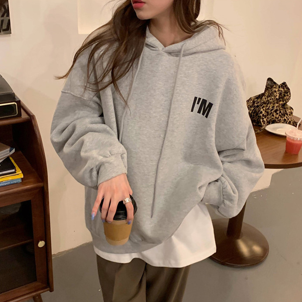 グレーファッション 文字ロゴパーカー レディース 裏起毛 韓国風