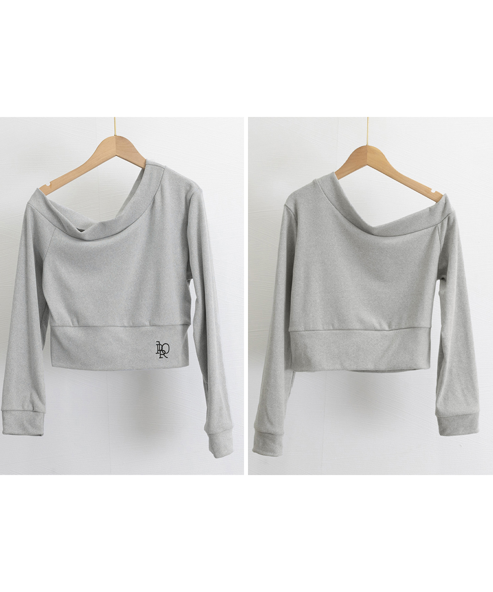 グレーファッション 肩見せオフショルダースウェット ショート丈トレーナー