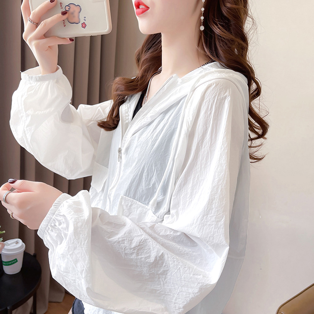 グレーファッション 薄手ジップパーカー レディース フード付き軽量ブルゾン