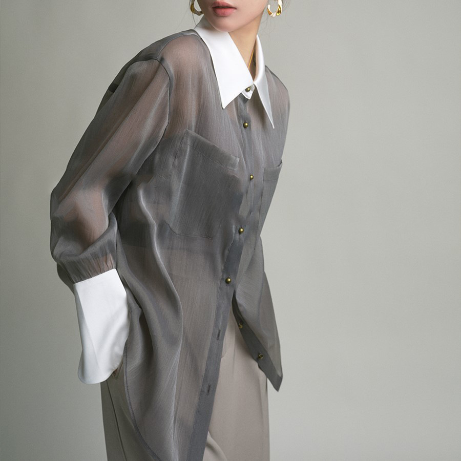 グレーファッション 配色襟袖シアーオーバーサイズシャツ