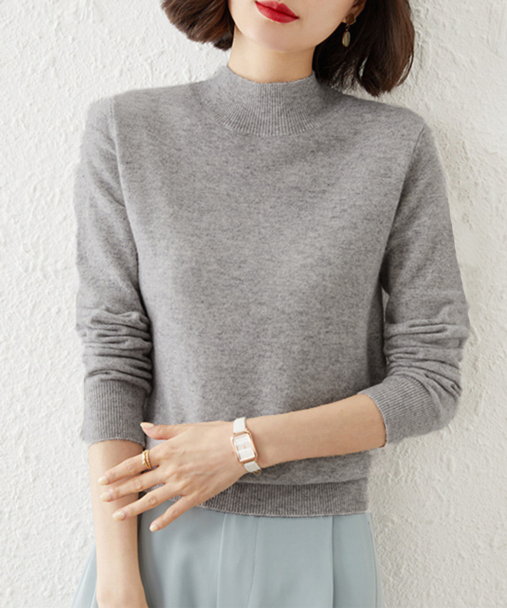 グレーファッション プチハイネックニットトップス レディース