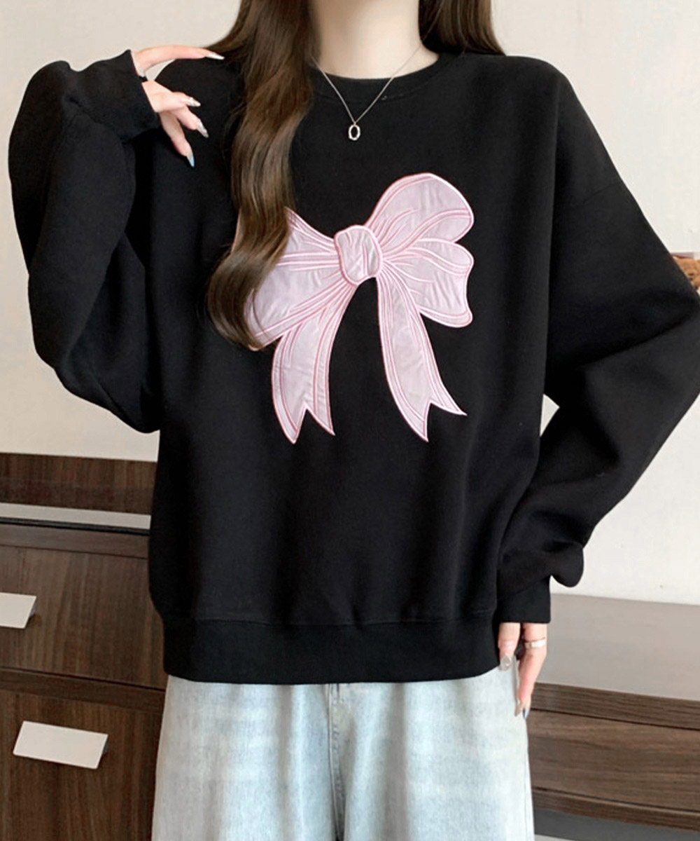 グレーファッション リボン刺繍裏起毛スウェット長袖トップス