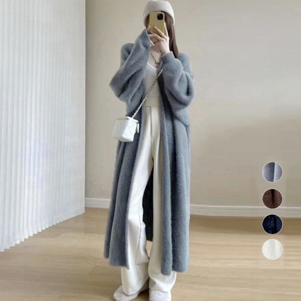 グレーファッション ふわふわシャギーロングニットカーディガン