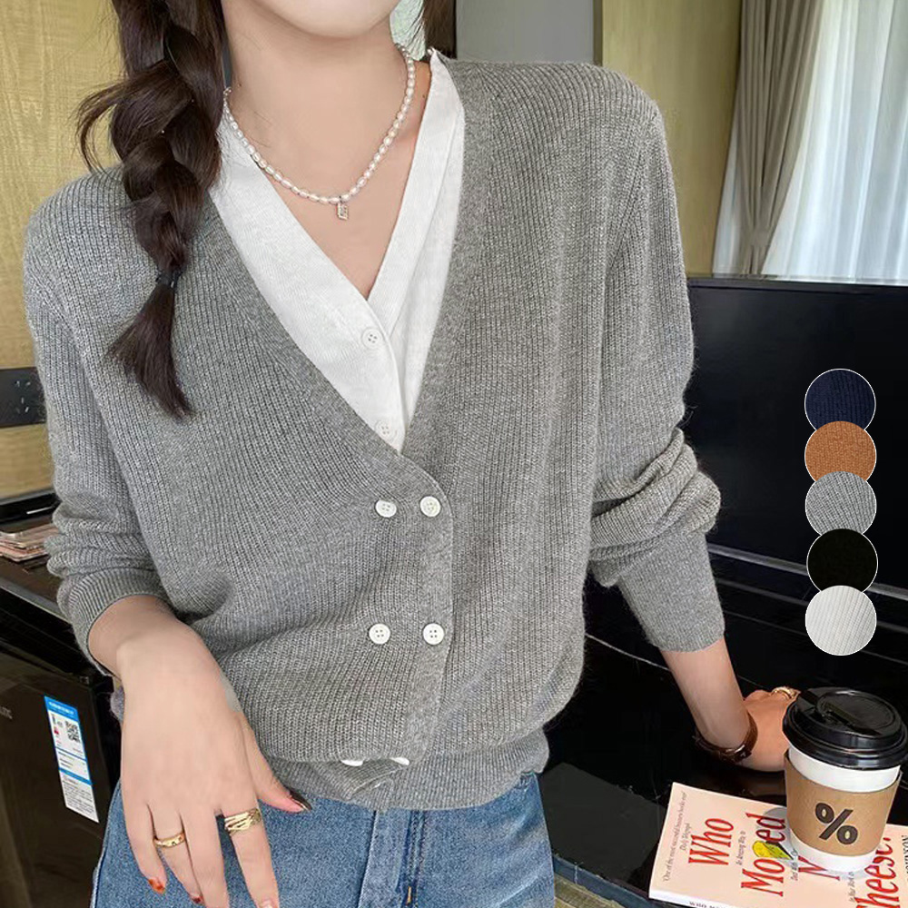 グレーファッション 重ね着風ニットカーディガン バイカラー長袖