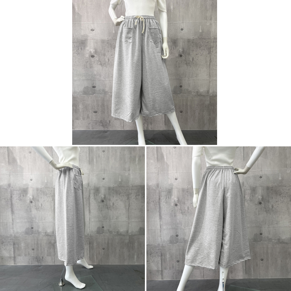 グレーファッション ゆったりスウェットワイドパンツ 腰紐付き