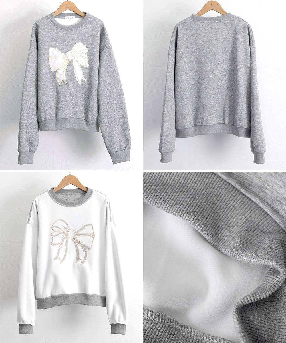 グレーファッション リボン刺繍裏起毛スウェット長袖トップス