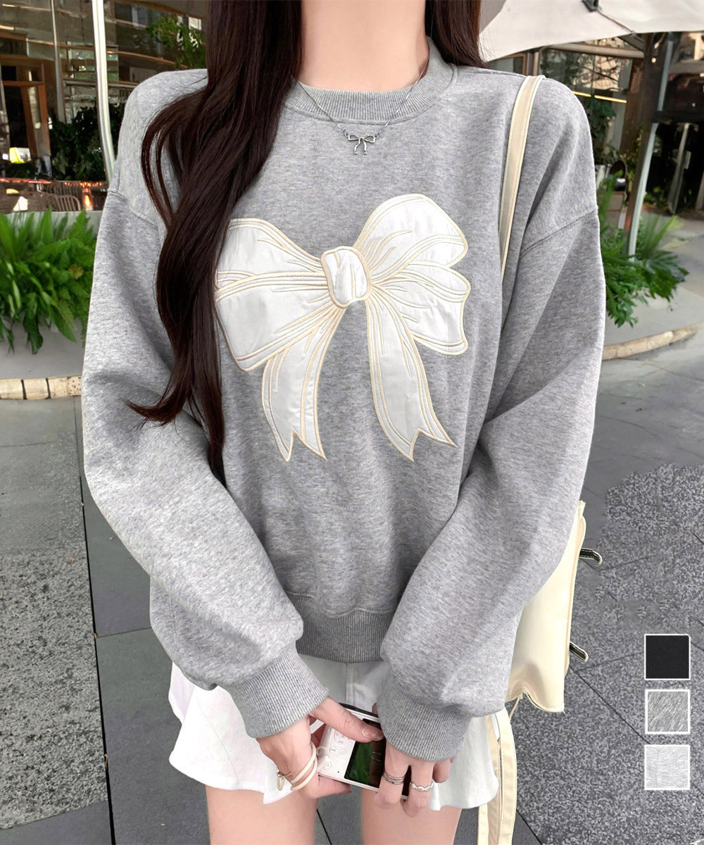 グレーファッション リボン刺繍裏起毛スウェット長袖トップス
