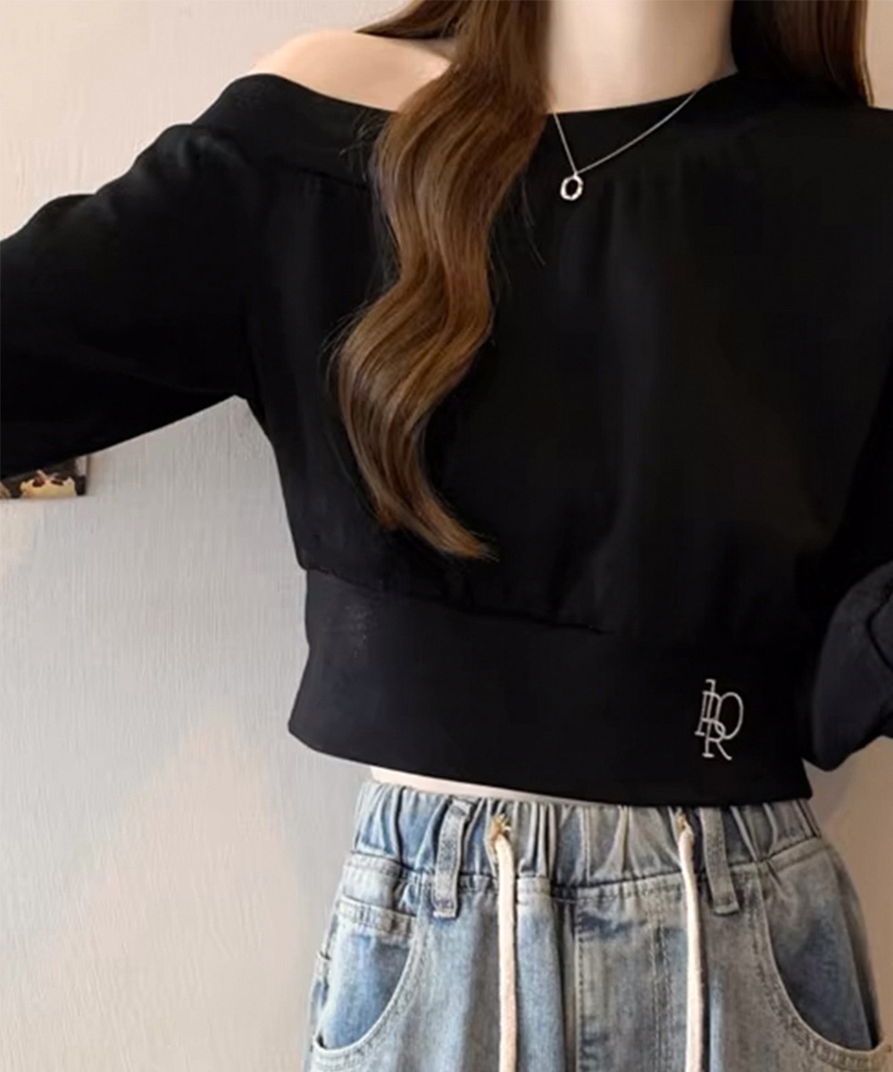 グレーファッション 肩見せオフショルダースウェット ショート丈トレーナー