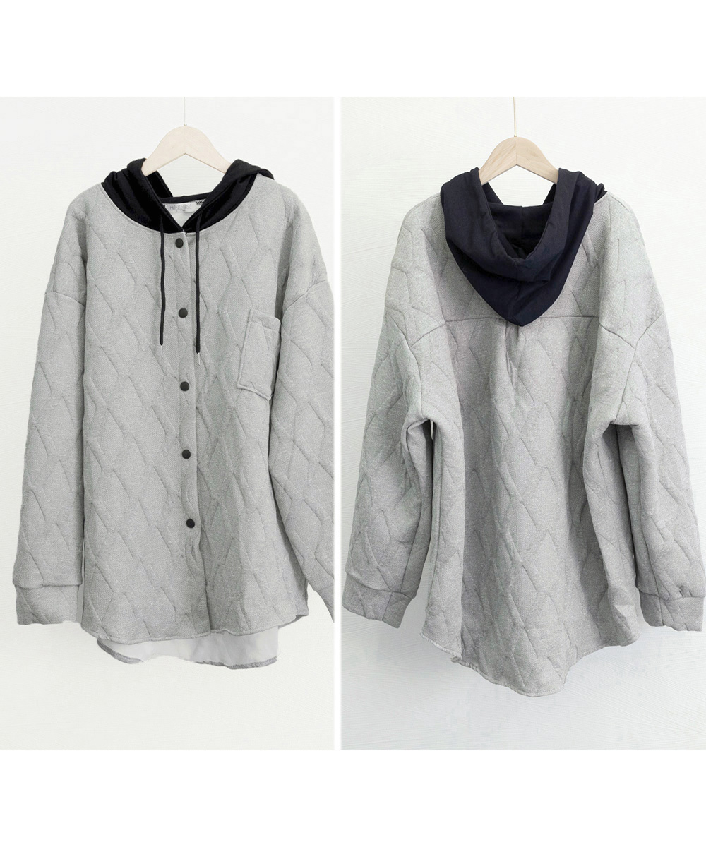 グレーファッション キルティング中綿パーカー長袖フード付きレディース