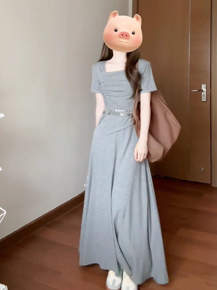 グレーファッション ギャザー切替半袖上下セット装飾ベルト付