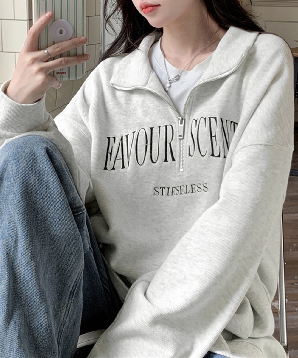 グレーファッション ポロ襟ロゴスウェット春秋薄手ゆったり