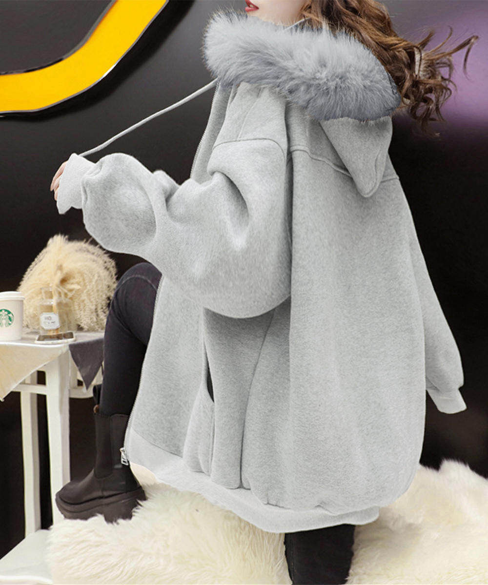 グレーファッション 裏微起毛ファー付きジップパーカー