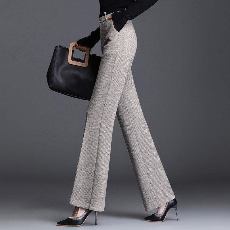 グレー パンツ 上品な横縞模様ハイウエストワイドレッグスラックス