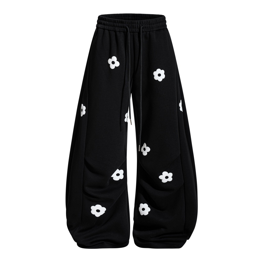 グレー パンツ 花柄グレー スウェット ワイドパンツ 男女兼用 秋冬新作