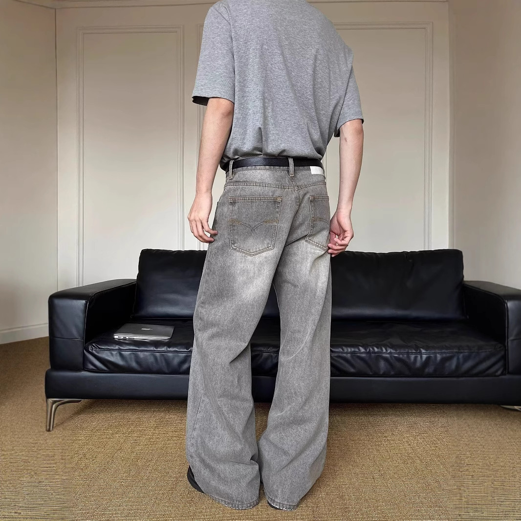 グレー パンツ ヴィンテージ風ワイドデニム