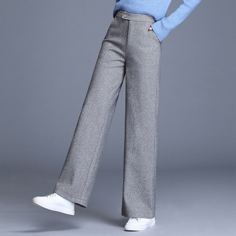 グレー パンツ 厚手ウール混紡ハイウエストワイドスラックス