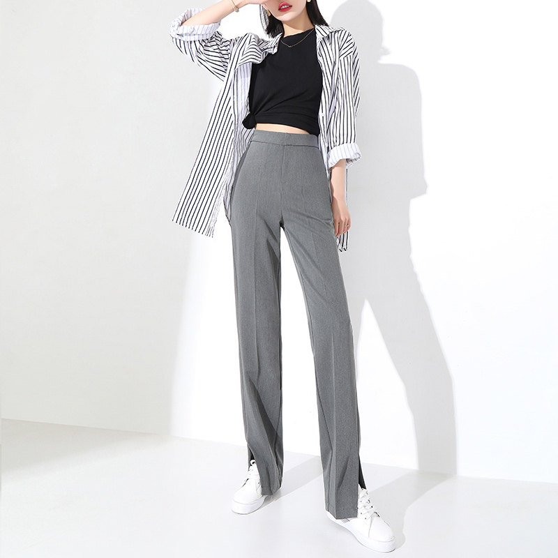 グレー パンツ センタープレス入りストレート美脚スラックス