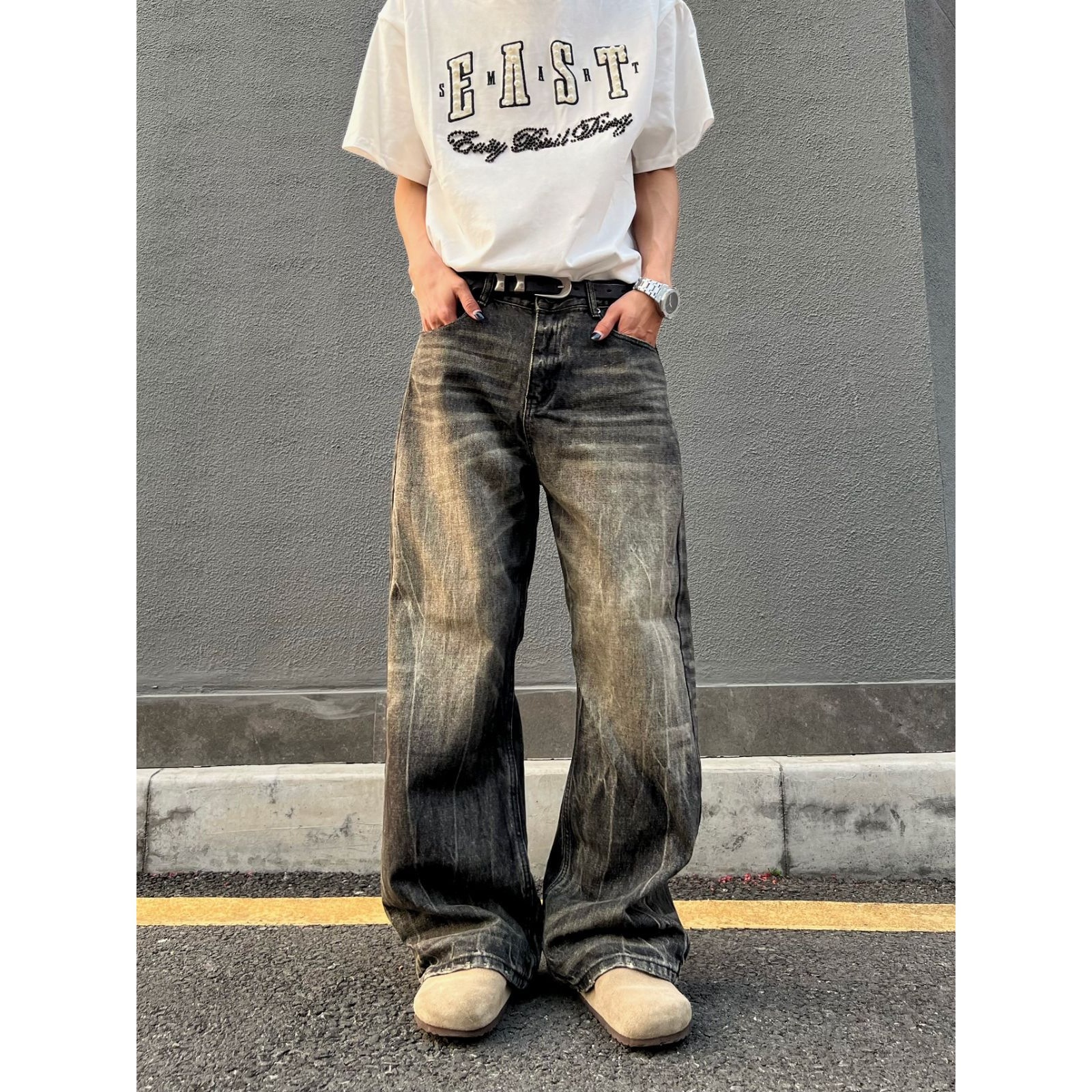 グレー パンツ ヴィンテージ風ワイドパンツ